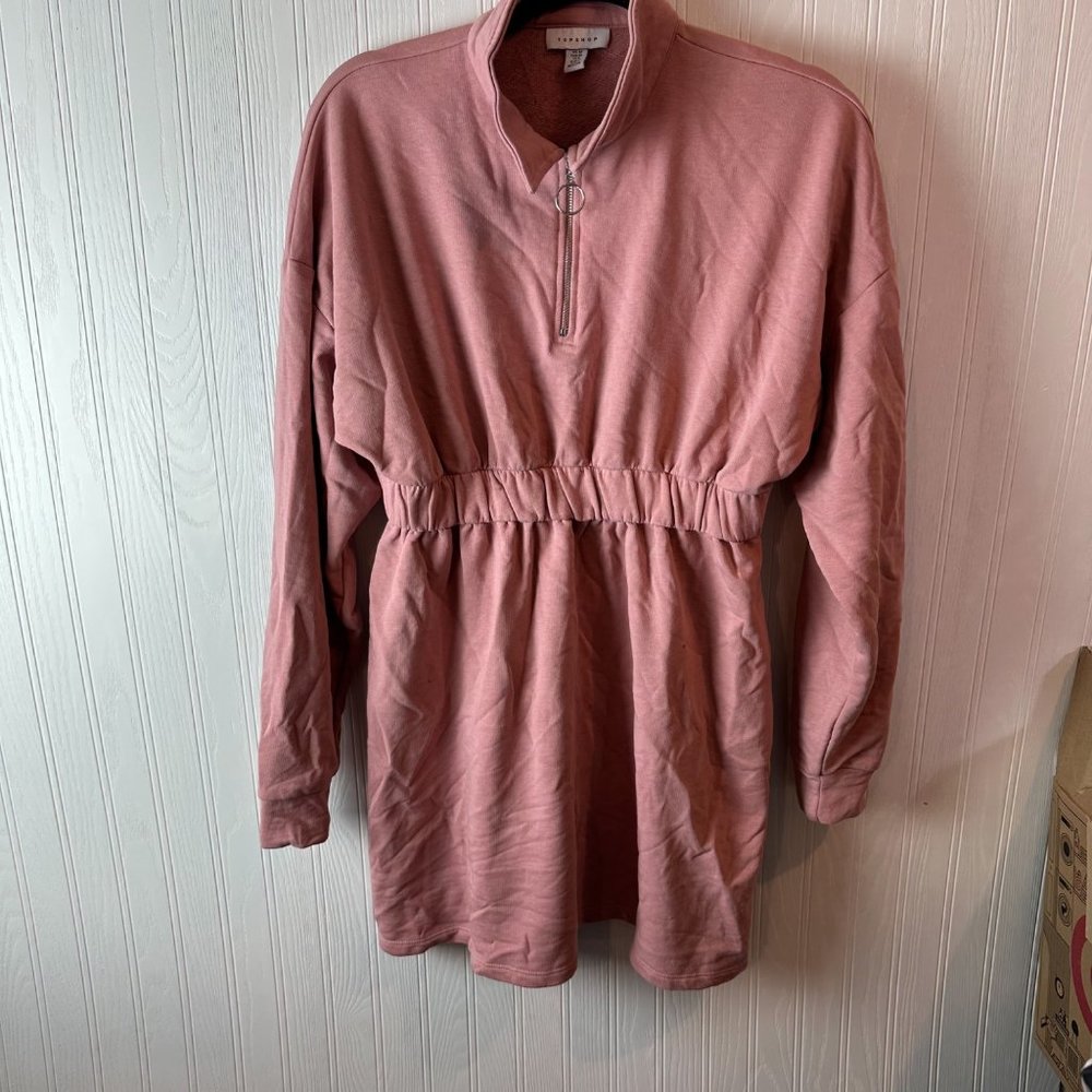 Topshop Collared 1/4 Zip Long SleeveMini Sweatshirt Dress Elastic Waist Women si